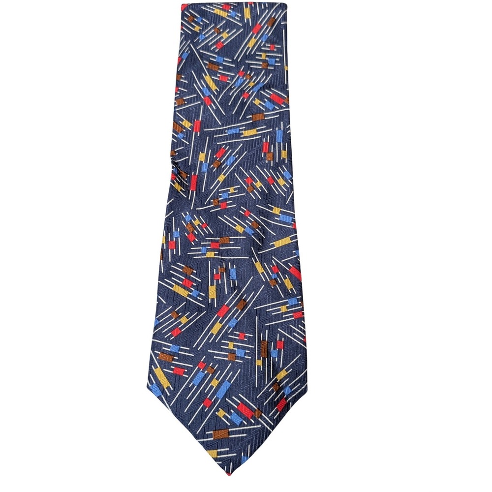Mondo Uomo Necktie Mens OS Navy Blue Silk Geometric Abstract Hand Made Italy 58"